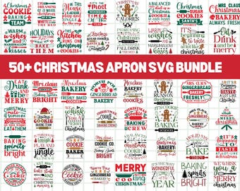 May include: A collection of over 50 Christmas-themed SVG designs for aprons. The designs feature festive phrases, gingerbread men, baking tools, and holiday-related text in red, green, and white. The words "Christmas," "cookies," and "baking" are prominent.
