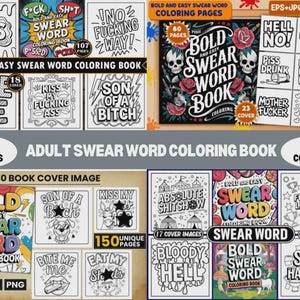 Puede incluir: Una colección de libros para colorear con palabrotas para adultos, con varios diseños de portada. Los libros presentan texto e ilustraciones en negrita, incluyendo frases como "Bite Me" y "Son of a Bitch". La imagen también destaca el número de páginas y cubiertas.
