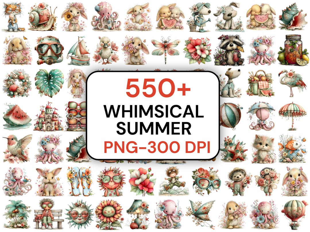550+ Whimsical Summer Clipart Bundle, Coastal Beach Art, Euro Vacation ...