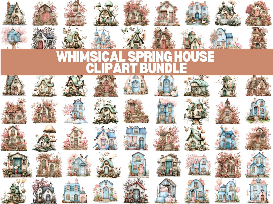 Whimsical Spring House Clipart, Floral Storybook Illustrations (digital ...