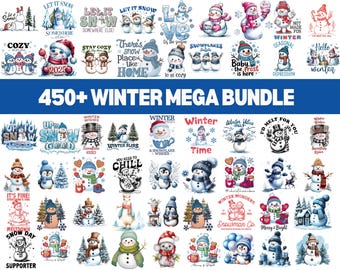 May include: A collection of winter-themed graphics featuring snowmen, penguins, and winter scenery. The designs include text like "Let it Snow," "Cozy," and "Winter Wishes." The image also includes the text "450+ WINTER MEGA BUNDLE."