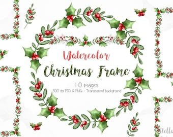 Watercolor Christmas Frames Clipart, Holiday PNG (Digital Download)