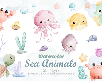 Watercolor Sea Animals PNG Clipart Bundle (Digital Download)