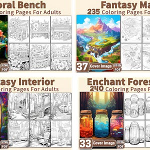 Puede incluir: Una colecci&oacute;n de libros para colorear para adultos con varios temas. La imagen incluye "Floral Bench", "Fantasy Map", "Fantasy Interior" y "Enchant Forest Jars". Cada portada del libro se muestra con una imagen colorida y varias p&aacute;ginas para colorear en blanco y negro.