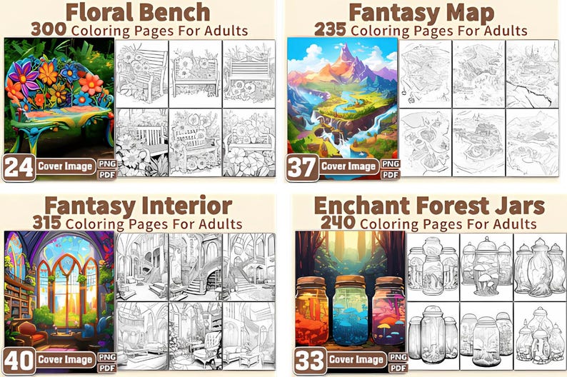 Puede incluir: Una colecci&oacute;n de libros para colorear para adultos con varios temas. La imagen incluye "Floral Bench", "Fantasy Map", "Fantasy Interior" y "Enchant Forest Jars". Cada portada del libro se muestra con una imagen colorida y varias p&aacute;ginas para colorear en blanco y negro.