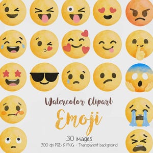 Puede incluir: Conjunto de imágenes prediseñadas de acuarela con caras de emoji amarillas que expresan diversas emociones. Incluye emojis con corazones, gafas de sol y lágrimas. La palabra "Emoji" está escrita en una fuente decorativa. La imagen contiene 30 imágenes.