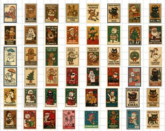 Christmas Stamps PNG Bundle, Vintage Holiday Clipart (70 Designs)