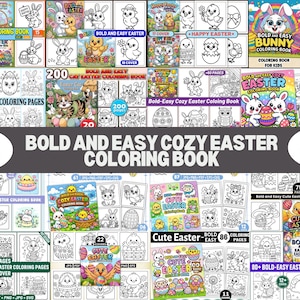 May include: A collection of Easter-themed coloring books with various covers featuring bunnies, chicks, and decorated eggs. The text "BOLD AND EASY COZY EASTER COLORING BOOK" is prominently displayed, along with the number of pages and covers.