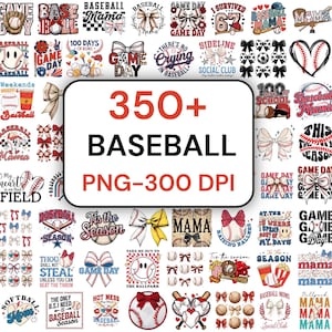 May include: A collection of baseball-themed graphics, including baseballs, bats, bows, and text. The image features the text "350+ BASEBALL PNG-300 DPI" in a white rounded rectangle. The designs are in various colors and styles, suitable for crafting.