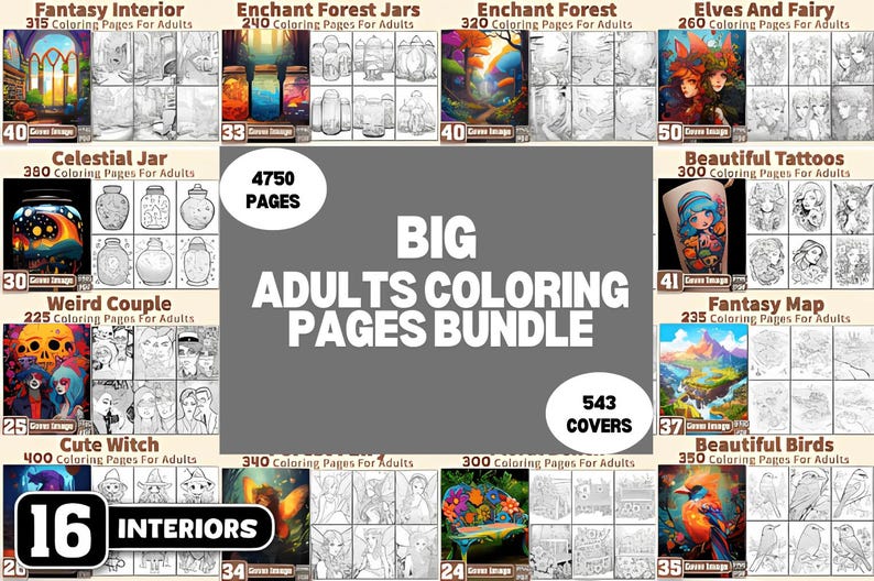 Puede incluir: Un gran paquete de p&aacute;ginas para colorear para adultos con 543 portadas y 4750 p&aacute;ginas. La colecci&oacute;n incluye temas como interiores de fantas&iacute;a, bosques encantados, elfos, hadas, tatuajes y p&aacute;jaros. La imagen muestra 16 dise&ntilde;os de interiores.