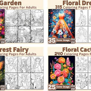 Puede incluir: Una colecci&oacute;n de cuatro libros para colorear digitales para adultos. Los temas incluyen "Garden", "Floral Dress", "Forest Fairy" y "Floral Cactus". Cada imagen de la portada del libro se muestra con el n&uacute;mero de p&aacute;ginas para colorear y una etiqueta "Cover Image".