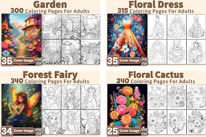 Puede incluir: Una colecci&oacute;n de cuatro libros para colorear digitales para adultos. Los temas incluyen "Garden", "Floral Dress", "Forest Fairy" y "Floral Cactus". Cada imagen de la portada del libro se muestra con el n&uacute;mero de p&aacute;ginas para colorear y una etiqueta "Cover Image".