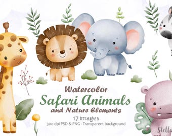 水彩サファリ動物のクリップアート、ジャングル保育園アート（デジタルダウンロード）