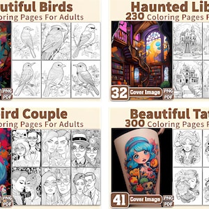 Puede incluir: Una colecci&oacute;n de libros para colorear para adultos con varios temas. La imagen muestra cuatro portadas de libros para colorear diferentes: "Beautiful Birds", "Haunted Library", "Weird Couple" y "Beautiful Tattoos". Cada imagen de portada va acompa&ntilde;ada de varias p&aacute;ginas para colorear en blanco y negro.