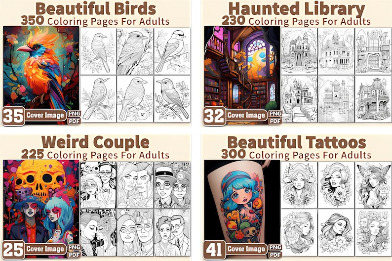 Puede incluir: Una colecci&oacute;n de libros para colorear para adultos con varios temas. La imagen muestra cuatro portadas de libros para colorear diferentes: "Beautiful Birds", "Haunted Library", "Weird Couple" y "Beautiful Tattoos". Cada imagen de portada va acompa&ntilde;ada de varias p&aacute;ginas para colorear en blanco y negro.