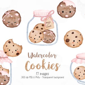 Op de afbeelding: Waterverfillustratie van diverse koekjes met schattige gezichten, sommige met roze strikken en accenten. Verschillende koekjes zitten in een glazen pot met een roze deksel en een label met de tekst "Made with Love". De woorden "Watercolor Cookies" zijn in goud geschreven.