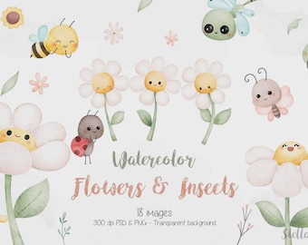 Flower and Insect Watercolor Clipart, Spring Garden PNG, PDF