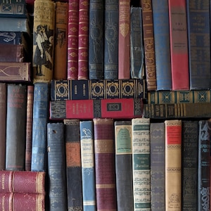 Puede incluir: Una colecci&oacute;n de libros antiguos con varios colores y texturas. Las lomos muestran t&iacute;tulos en letras doradas, con tonos de rojo, azul, marr&oacute;n y dorado. Algunos libros tienen patrones decorativos y cubiertas envejecidas.