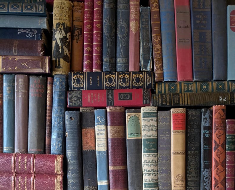 Puede incluir: Una colecci&oacute;n de libros antiguos con varios colores y texturas. Las lomos muestran t&iacute;tulos en letras doradas, con tonos de rojo, azul, marr&oacute;n y dorado. Algunos libros tienen patrones decorativos y cubiertas envejecidas.