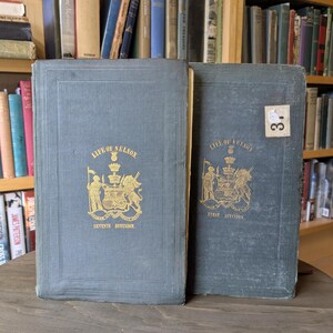 Pode incluir: Dois livros antigos intitulados "Life of Nelson" com letras e emblemas dourados nas capas. Os livros são de cor azul-acinzentado suave e são exibidos lado a lado. As lombadas não são visíveis. O fundo mostra uma estante cheia de outros livros.