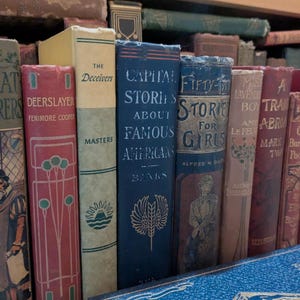 Puede incluir: Una colecci&oacute;n de libros antiguos con varios t&iacute;tulos y colores. Las lomos muestran t&iacute;tulos como "Capital Stories About Famous Americans" y "Fifty-Two Stories for Girls". Los libros est&aacute;n dispuestos en una estanter&iacute;a, mostrando sus cubiertas envejecidas y elementos decorativos.