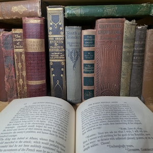 Puede incluir: Una colecci&oacute;n de libros antiguos con diversas cubiertas y dise&ntilde;os. T&iacute;tulos incluyen "The Works of Daudet" y "Blackie's Modern Encyclopedia". Un libro abierto en primer plano muestra texto.
