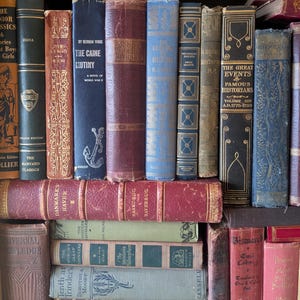 Puede incluir: Una colecci&oacute;n de libros antiguos con varios colores y dise&ntilde;os. Los lomos muestran t&iacute;tulos como "The Caine Mutiny" y "The Great Events". Los libros est&aacute;n dispuestos en una estanter&iacute;a, mostrando sus cubiertas envejecidas y detalles decorativos, creando una est&eacute;tica vintage.