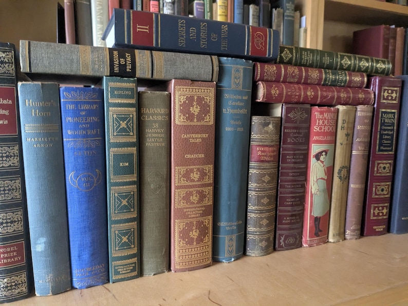 Puede incluir: Una colecci&oacute;n de libros antiguos con varios colores y dise&ntilde;os. Las lomos muestran t&iacute;tulos como "Hunter Hom", "The Library of Pioneering" y "Harvard Classics". Algunos libros est&aacute;n apilados, mostrando una variedad de tama&ntilde;os y estilos de portada.