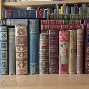 Puede incluir: Una colecci&oacute;n de libros antiguos de varios colores y tama&ntilde;os, colocados en una estanter&iacute;a de madera. Las lomos muestran t&iacute;tulos como "Canterbury Tales" y "Mark Twain", con letras doradas y dise&ntilde;os en relieve. Los libros son una mezcla de tapas duras.