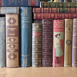 Puede incluir: Una colecci&oacute;n de libros antiguos de varios colores y tama&ntilde;os. Los t&iacute;tulos incluyen "Canterbury Tales", "The Manor House School" e "Historia de Rusia". Los libros est&aacute;n dispuestos sobre una superficie de madera, mostrando sus cubiertas y lomos envejecidos.