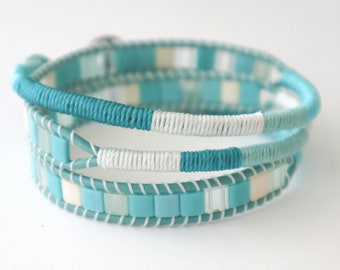 Macrame and Beaded Wrap Bracelet in Turquoise
