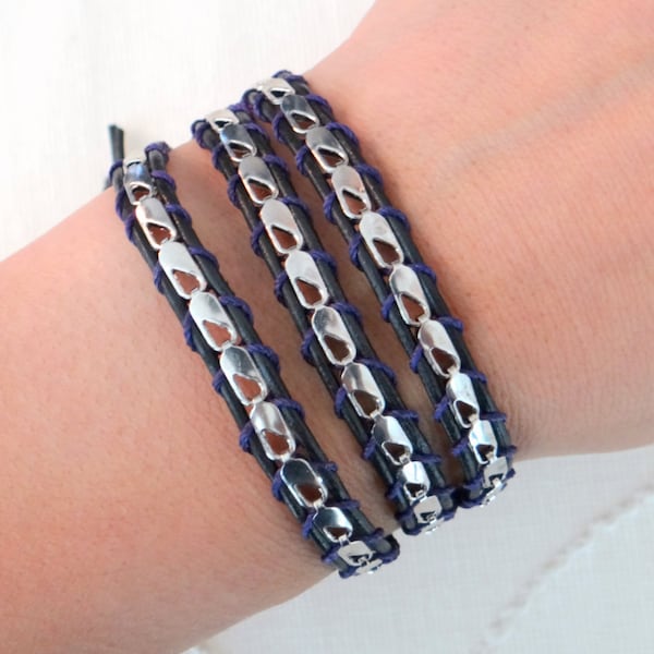 White Gold Chain Leather Wrap Bracelet on Black Leather with a Button Clasp