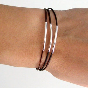 Thin Brown Leather Bracelet with Silver Tubes image 3