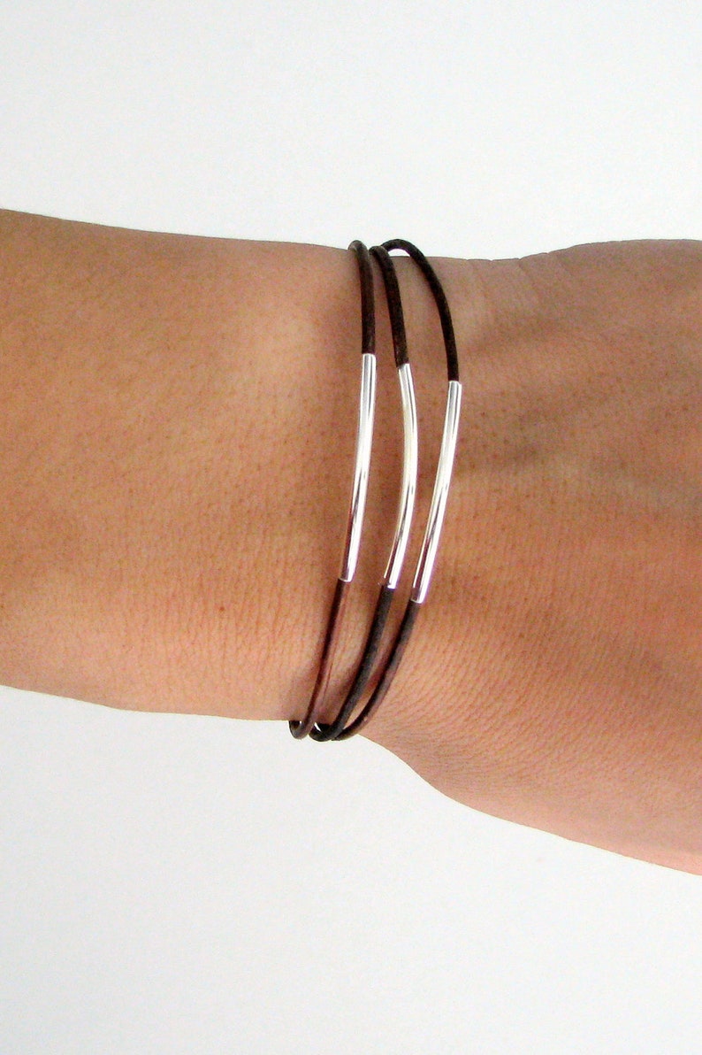 Thin Brown Leather Bracelet with Silver Tubes image 3