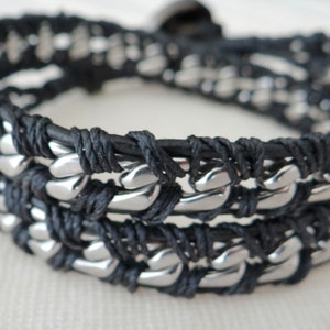 Chain Wrap Bracelet with Black Leather, a Button Clasp and Stainless Steel Chain image 5