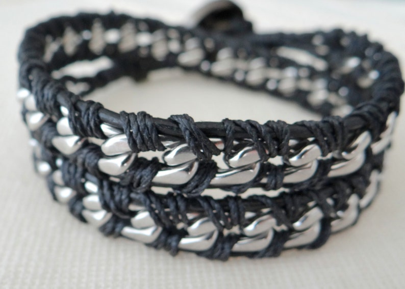 Chain Wrap Bracelet with Black Leather, a Button Clasp and Stainless Steel Chain image 5