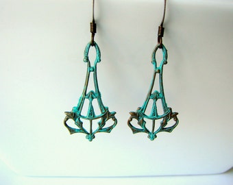 Art Deco Copper Patina Earrings - Turquoise Patina on Copper Filigree Earrings