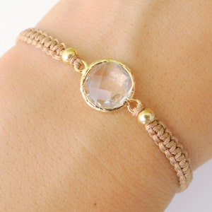 Macrame Bracelet with Crystal Glass Faceted Connector with Gold Beads and Latte Thread image 3