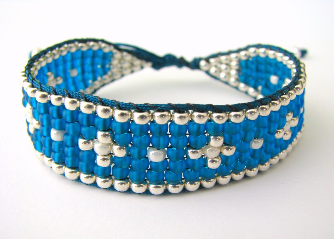 Woven Beaded Bracelet Blue Silver and Ivory Beaded Bracelet Etsy