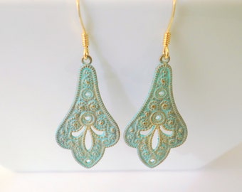 Turquoise Patina on Brass Filigree Earrings