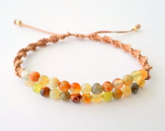 Beaded Macrame Bracelet with Semiprecious Stone Gold Metal Beads and Latte Thread