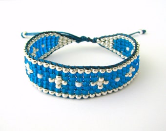 Woven Beaded Bracelet  - Blue Silver and Ivory Beaded Bracelet