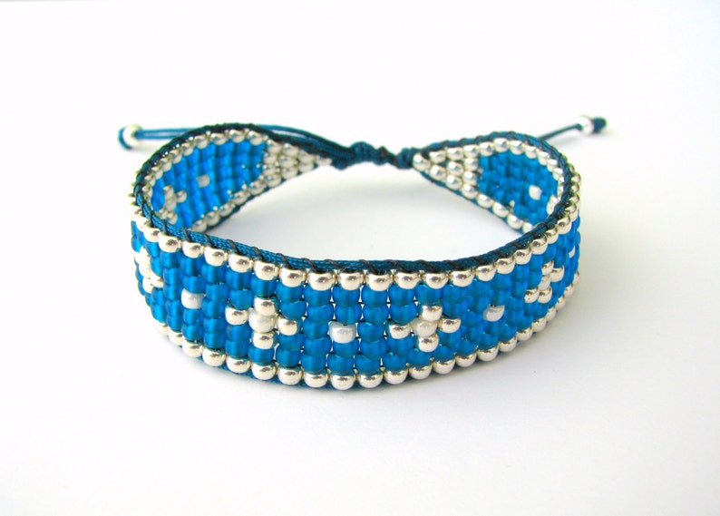 Woven Beaded Bracelet Blue Silver and Ivory Beaded Bracelet - Etsy