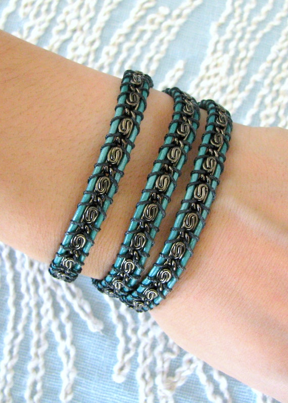 Leather Wrap Chain Bracelet with Gunmetal Chain and Button Etsy