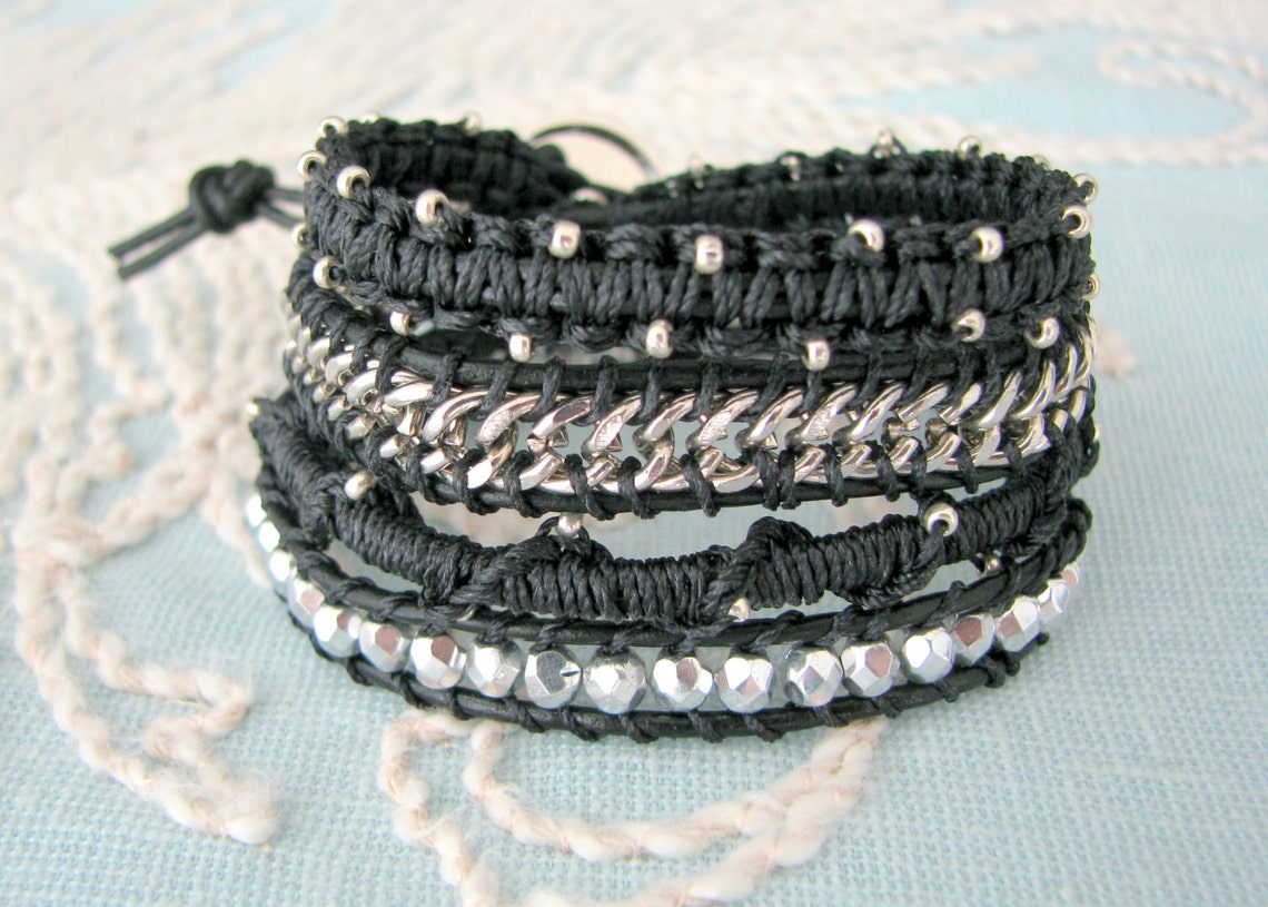 Beaded Wrap Bracelet With Silver Chain and Macrame in Silver Etsy