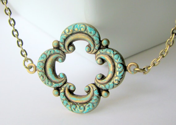 Turquoise Patina Filigree Necklace: Ornate Brass Pendant