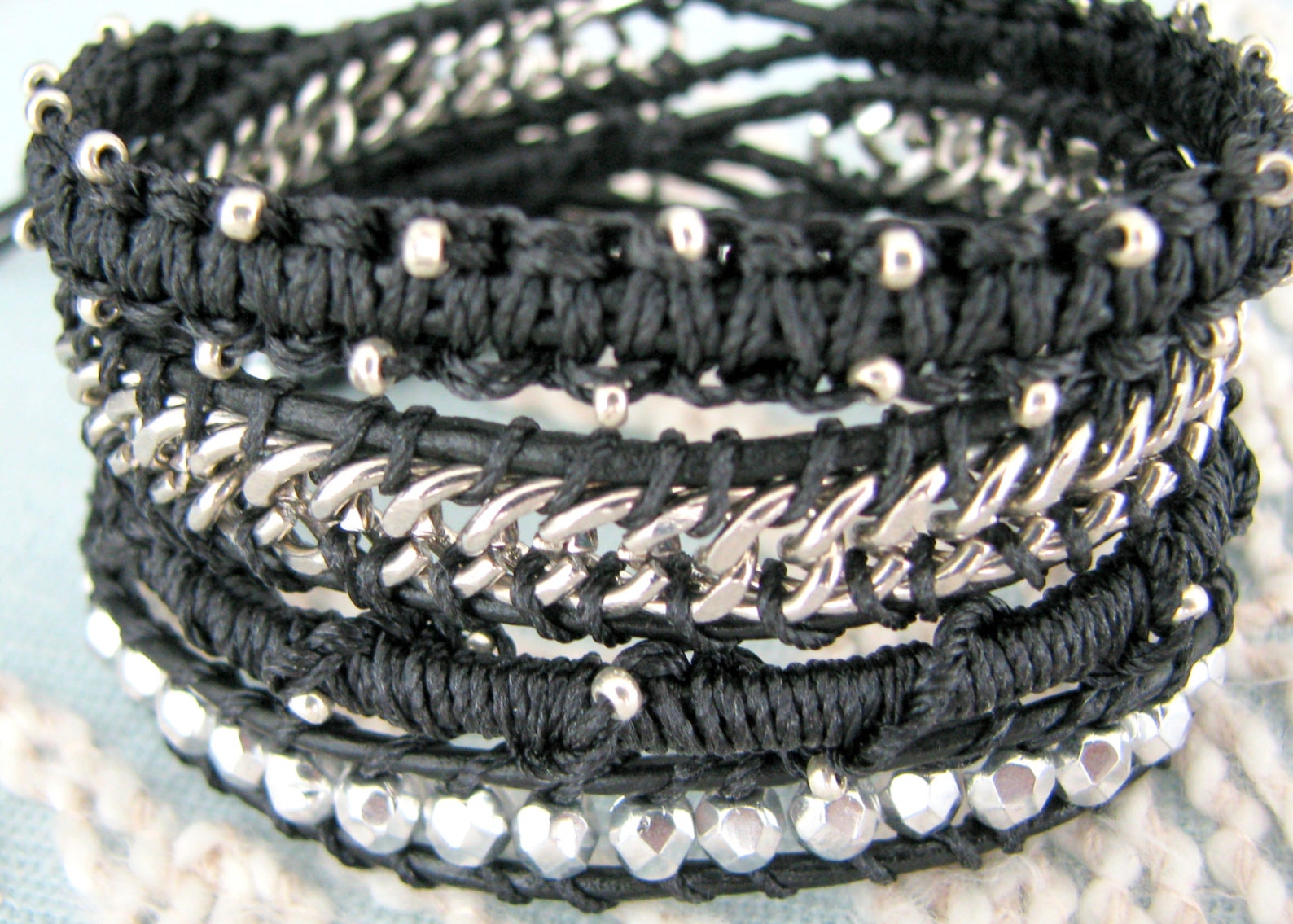 Beaded Wrap Bracelet With Silver Chain and Macrame in Silver Etsy