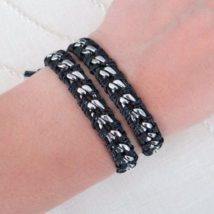 Chain Wrap Bracelet with Black Leather, a Button Clasp and Stainless Steel Chain image 1