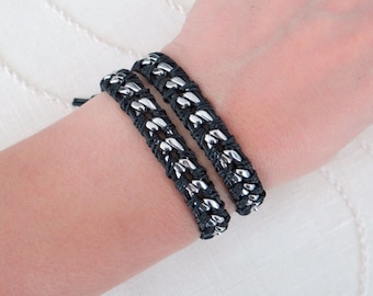 Chain Wrap Bracelet with Black Leather, a Button Clasp and Stainless Steel Chain