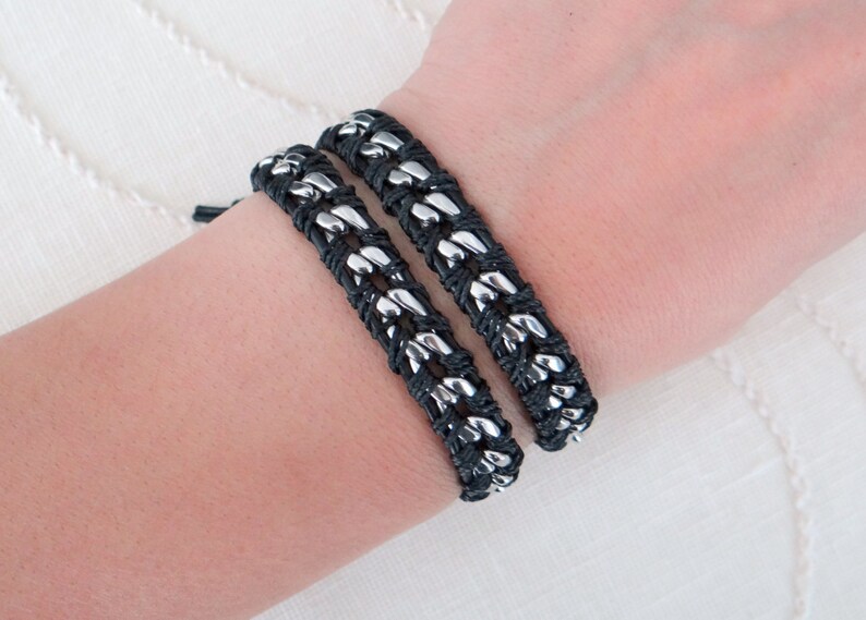 Chain Wrap Bracelet with Black Leather, a Button Clasp and Stainless Steel Chain image 1
